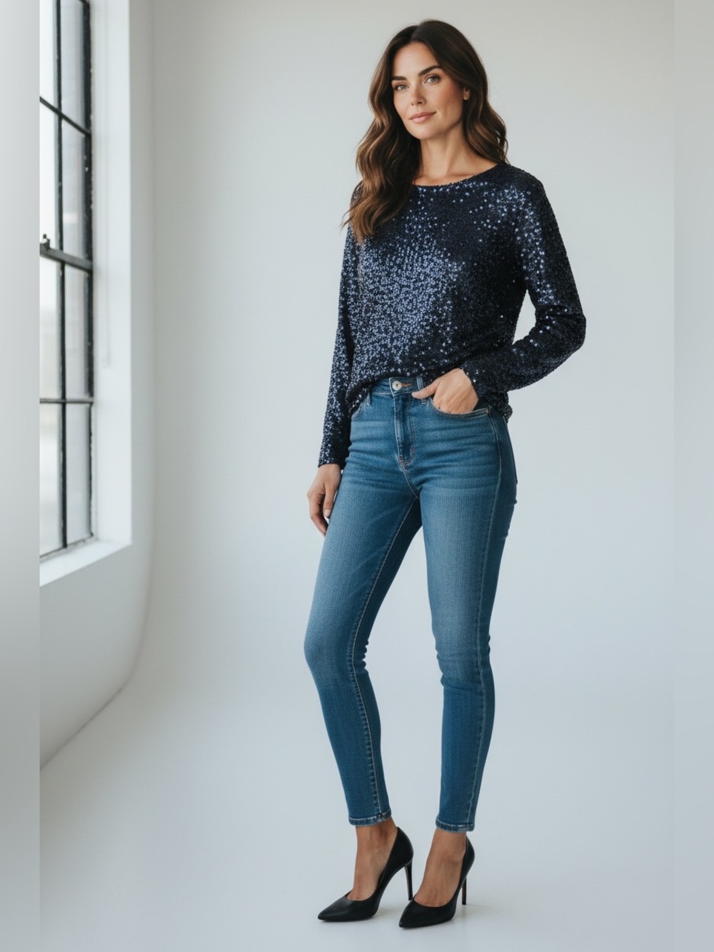 J. Crew Navy Sequin Long-Sleeve Top